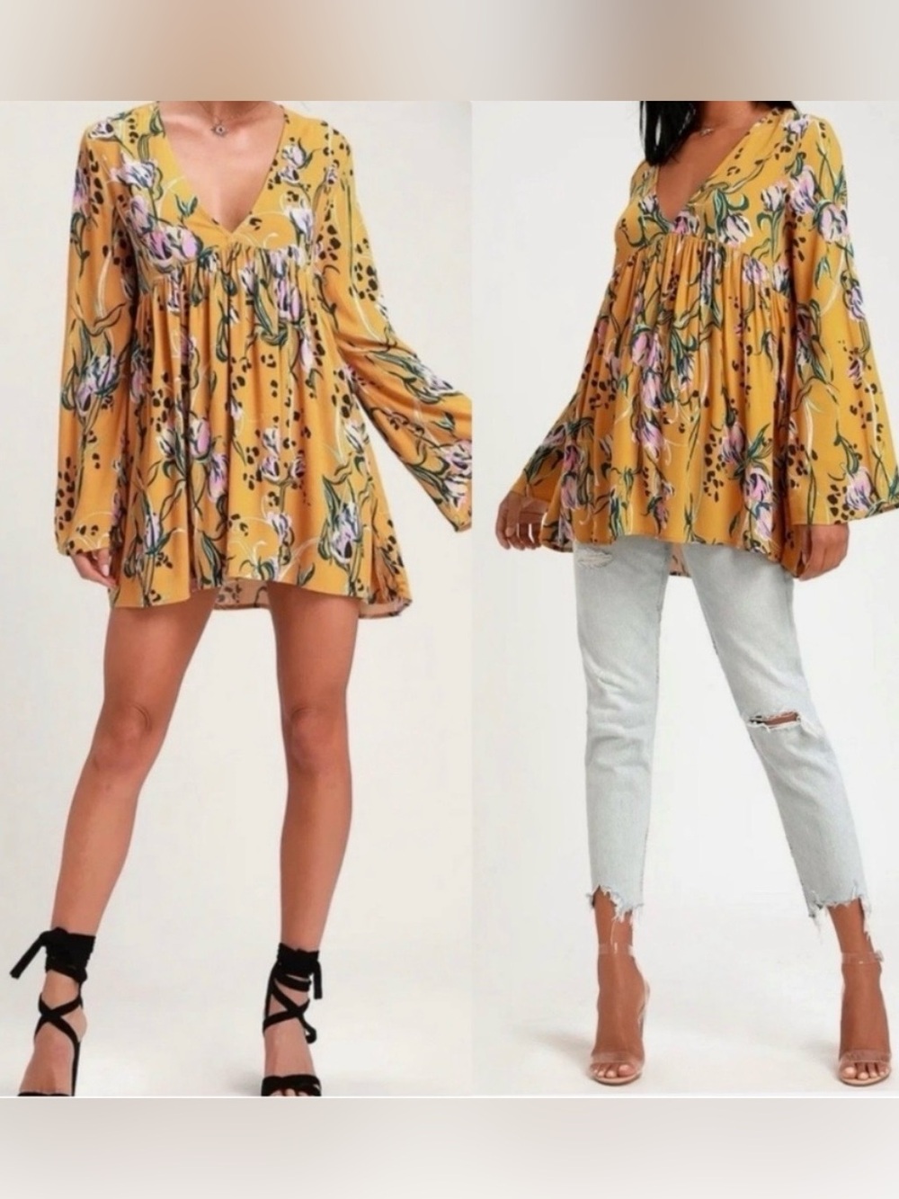 Free People Bella Floral V-Neck Tunic Top - Mustard Yellow Size Small